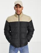 Only & Sons Color Block Puffer Jacket With Stand Collar In Black And Beige-multi