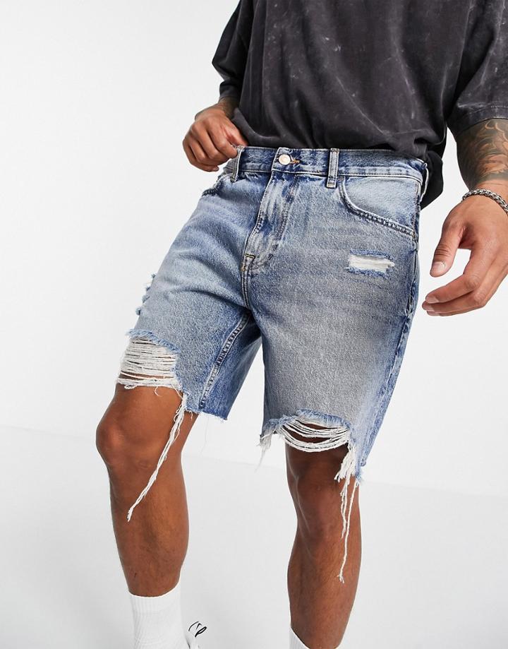 Bershka Slim Fit Denim Shorts With Rips In Blue-blues