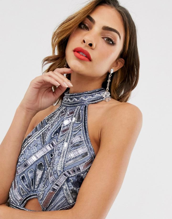 Asos Design Halter Neck Geo-tribal Embellished Crop Top Two-piece-white