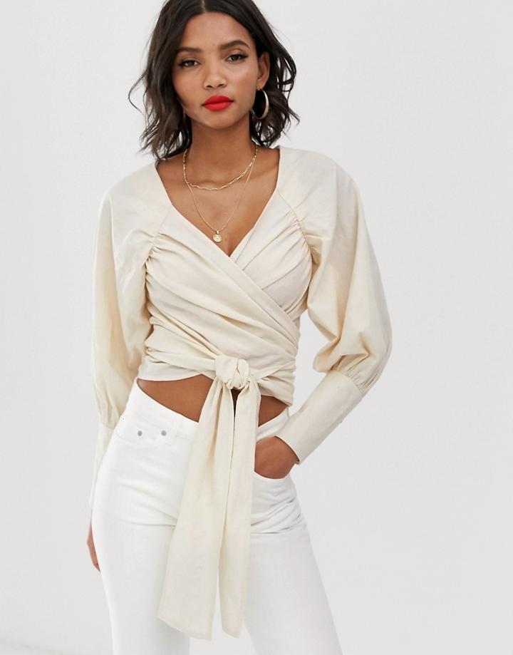 Asos Design Textured Long Sleeve Top With Wrap Around Waist Detail-white