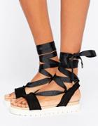 Miss Kg Dakota Pom Pom Tie Up Flat Sandals - Black