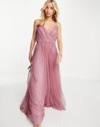 Asos Design Bridesmaid Cami Pleated Tulle Maxi Dress In Rose-pink