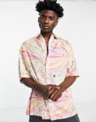 Asos Design Boxy Oversized Satin Shirt In Pink Marble Print