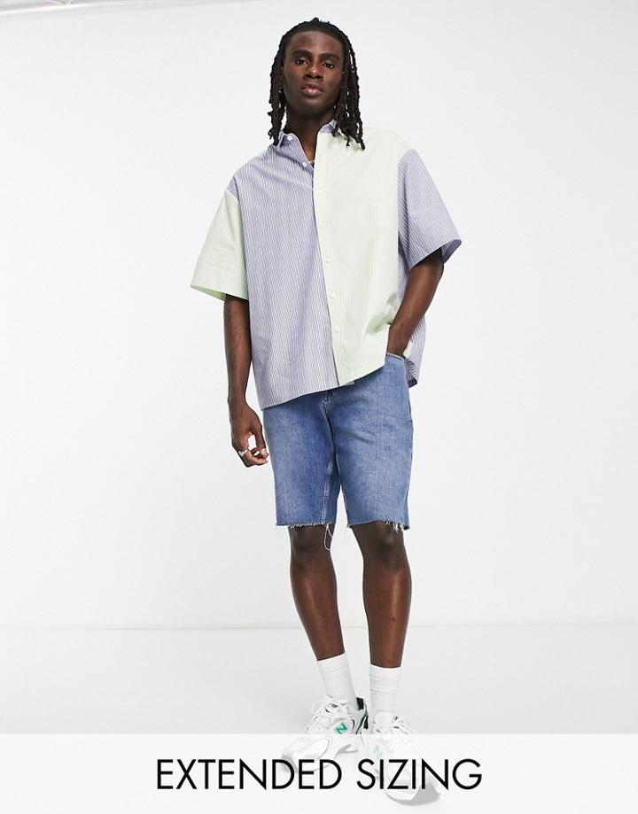 Asos Design Boxy Oversized Shirt In Blue And Green Patchwork Stripe