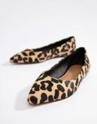 Asos Design Latch Leather Pointed Ballet Flats In Leopard Pony-multi