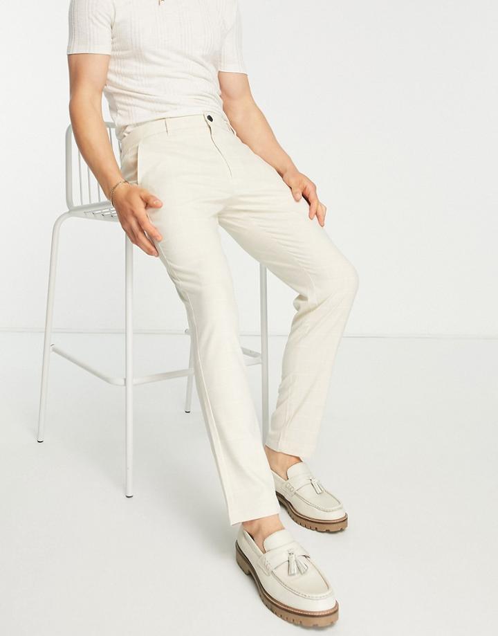 Pull & Bear Slim Tailored Pants In Ecru Check-white