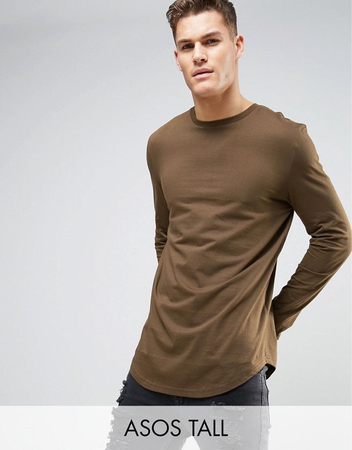Asos Tall Super Longline Long Sleeve T-shirt With Curved Hem In Brown - Brown
