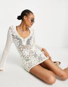 Asos Design Hand Crochet Mini Dress In Cream-white