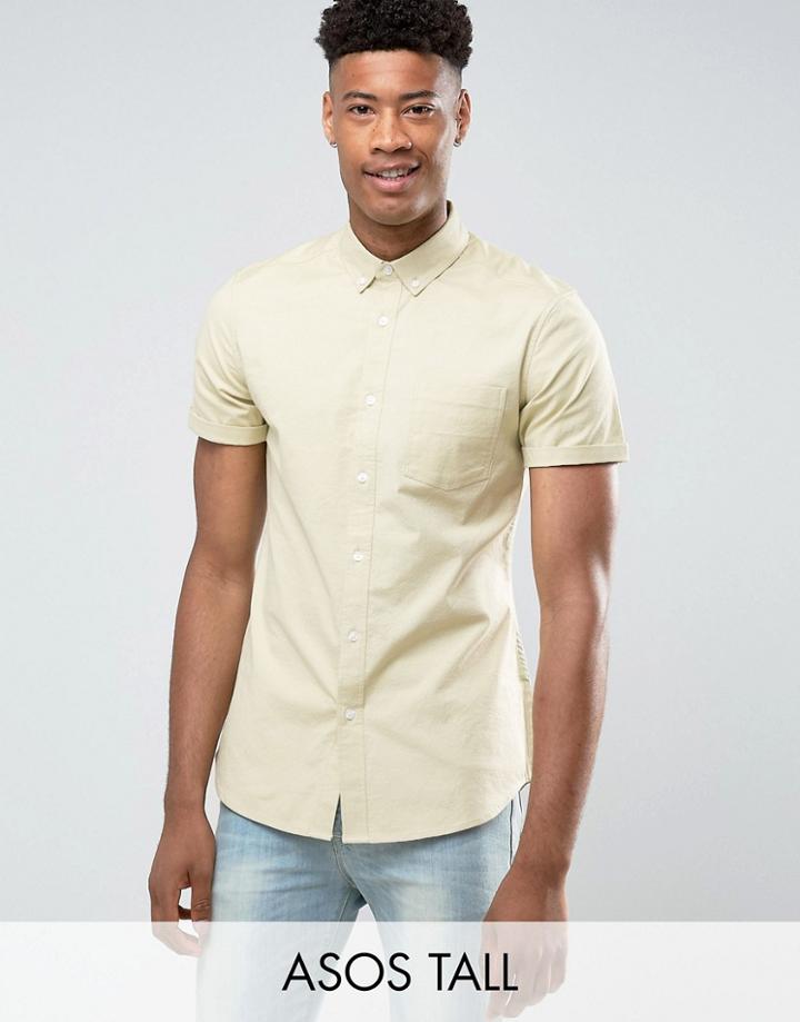Asos Tall Casual Slim Oxford Shirt With Stretch In Sage - Green