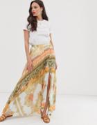 Asos Design Pleated Maxi Skirt In Bright Orange Scarf Print - Multi