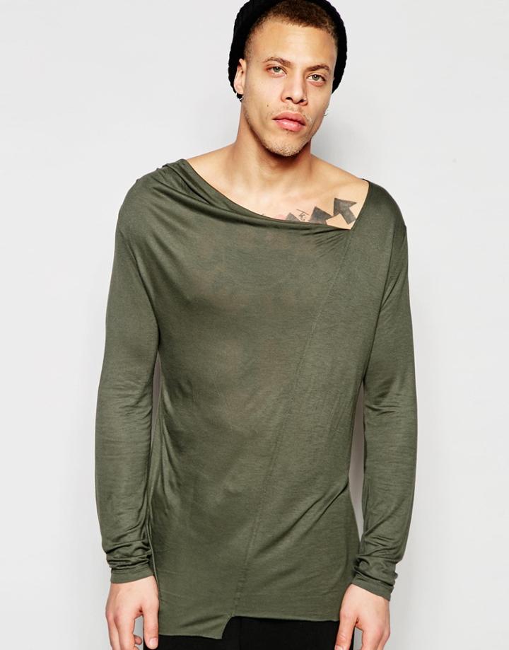 Asos Longline Long Sleeve T-shirt With Asymetric Drape Neck - Khaki
