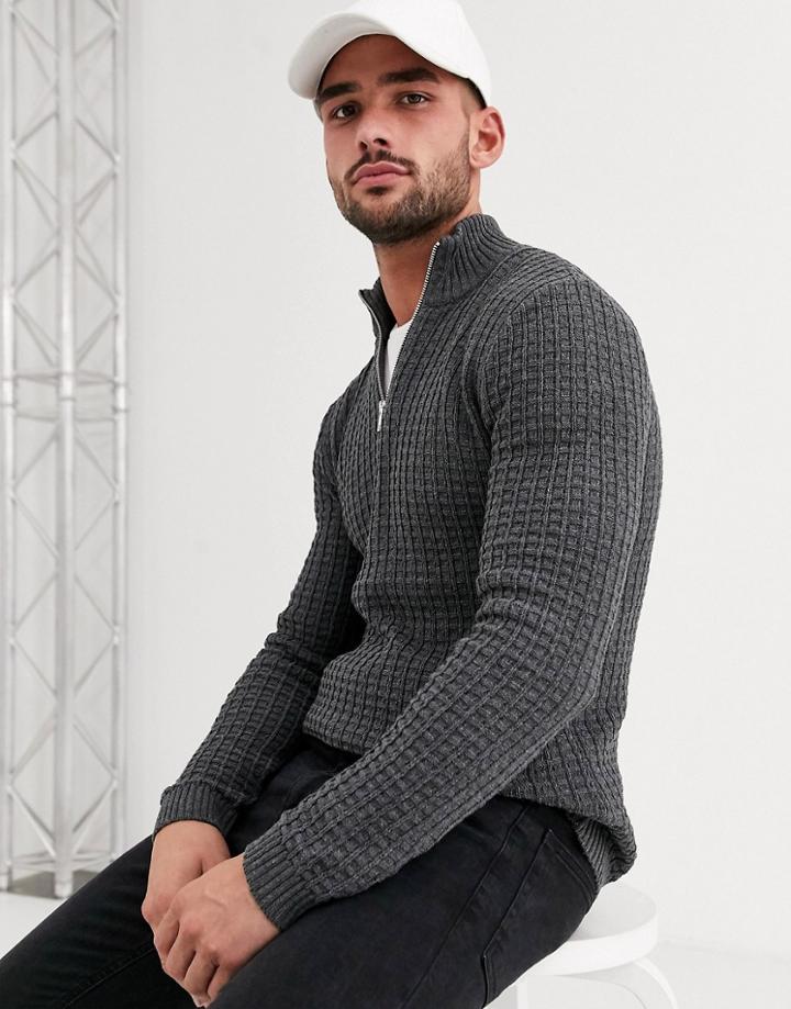 Asos Design Textured Half Zip Sweater In Charcoal-gray
