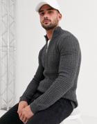 Asos Design Textured Half Zip Sweater In Charcoal-gray