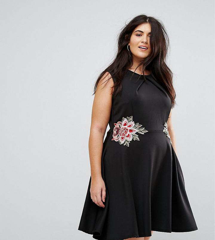 Praslin Skater Dress With Floral Embroidery - Black