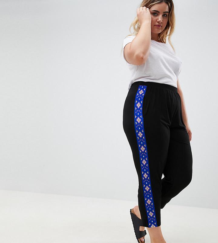 Asos Design Curve Tapered Peg Pants With Geo-tribal Print Side Stripe - Black