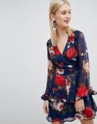 Lipsy Tiered Ruffle V Neck Dress In Floral - Multi