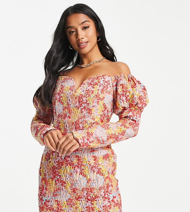 Collective The Label Petite Puff Long Sleeve Mini Dress In Metallic Rose Floral-multi
