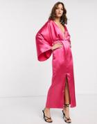 Asos Edition Kimono Sleeve Dress Midi In Satin-pink