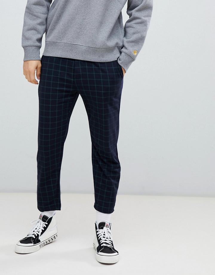 Bershka Check Pants In Navy With Elastic Waist - Navy