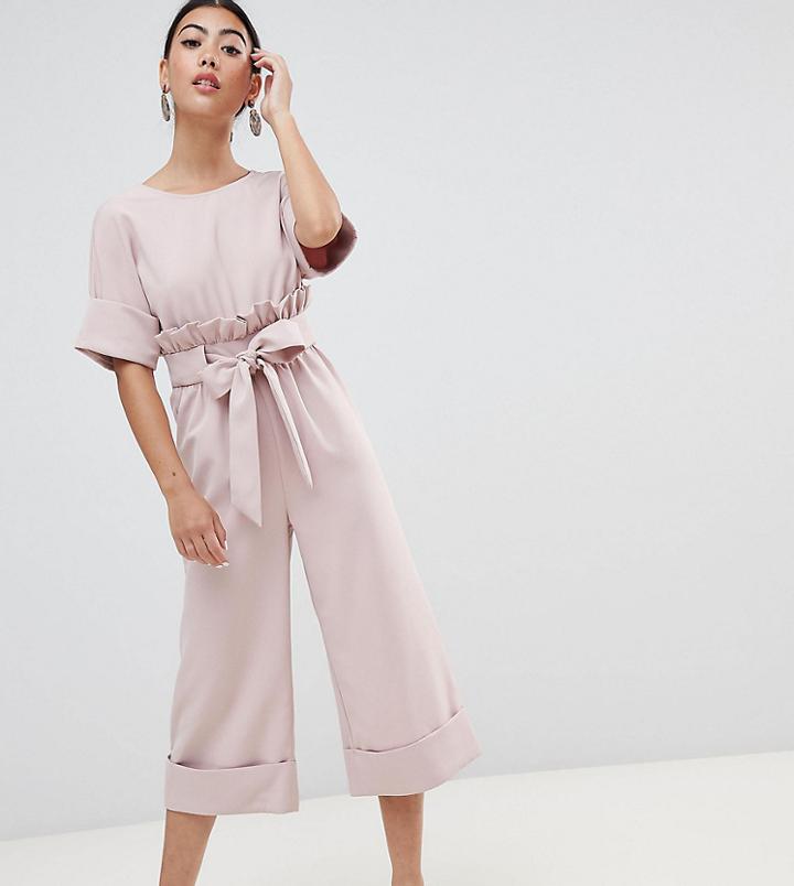 Lost Ink Petite Wide Leg Jumpsuit With Tie Waist And Frill Detail - Pink