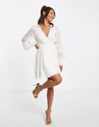 Asos Design Lace Insert Wrap Mini Dress In Textured In Cream-white