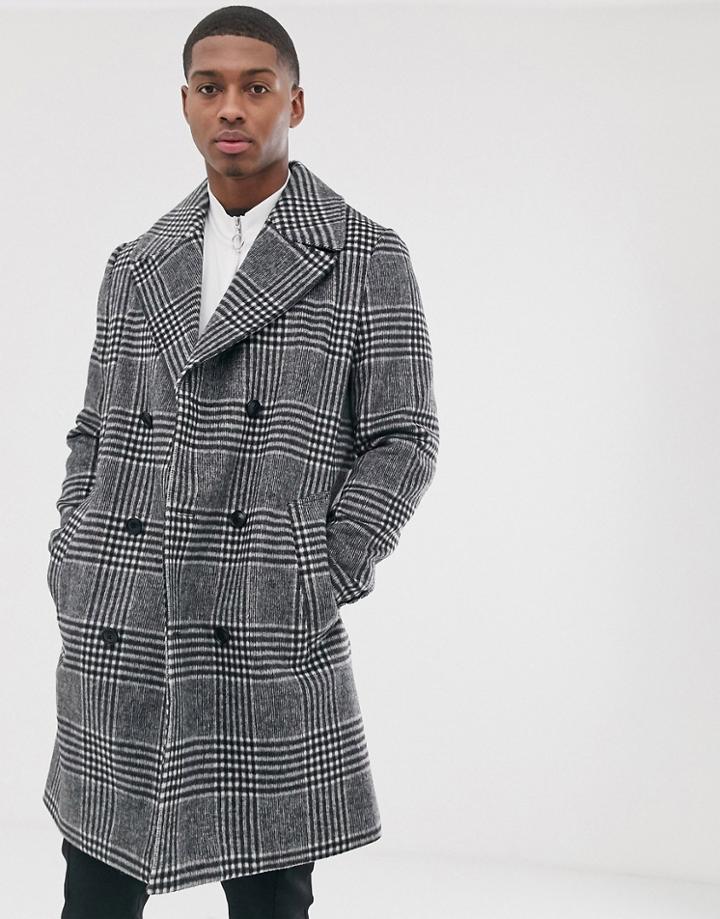 Asos Design Double Breasted Wool Mix Mid Length Jacket In Check-gray