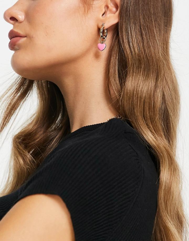 Monki Heart Drop Hoop Earrings In Pink