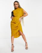 Asos Design Split Cap Sleeve Midi Wrap Front Dress In Mustard-yellow
