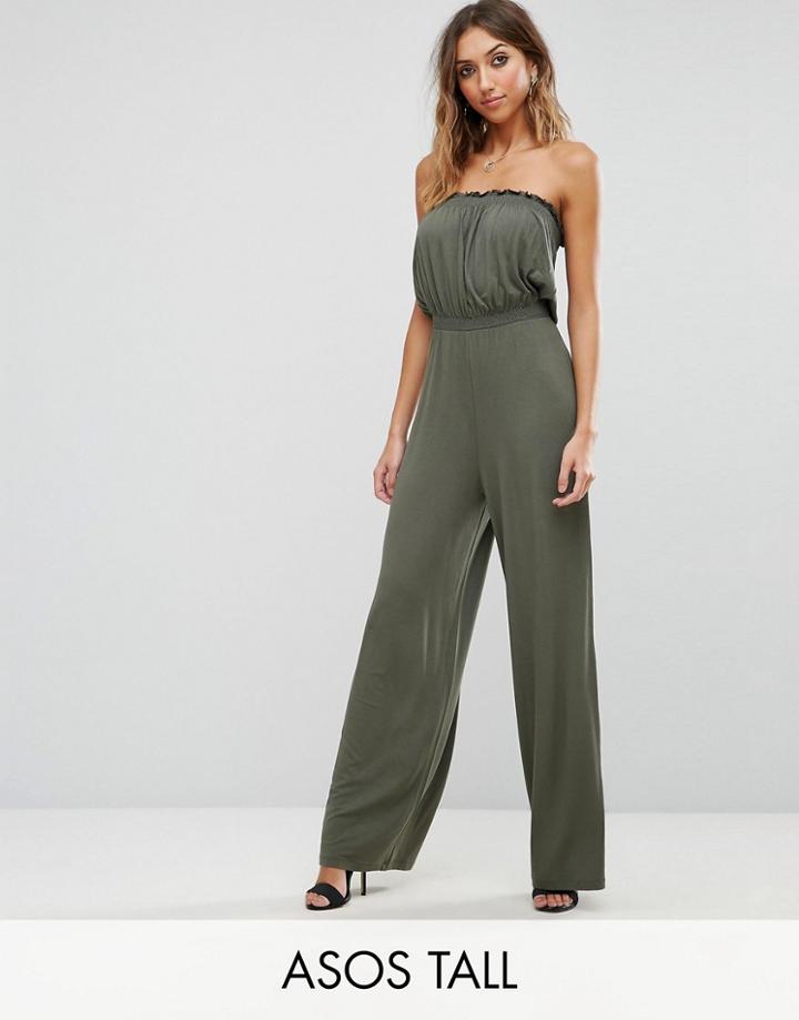 Asos Tall Bandeau Jersey Jumpsuit With Wide Leg - Green