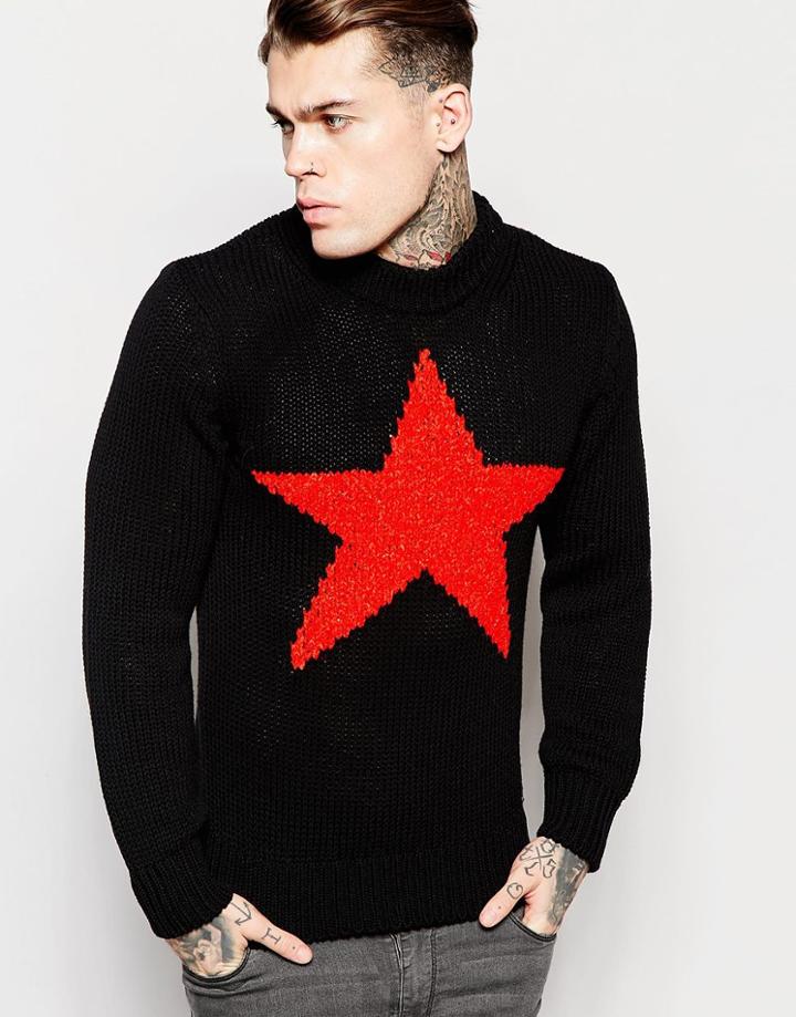 Diesel Crew Sweater K-chamele Loose Star Knit In Black - Black