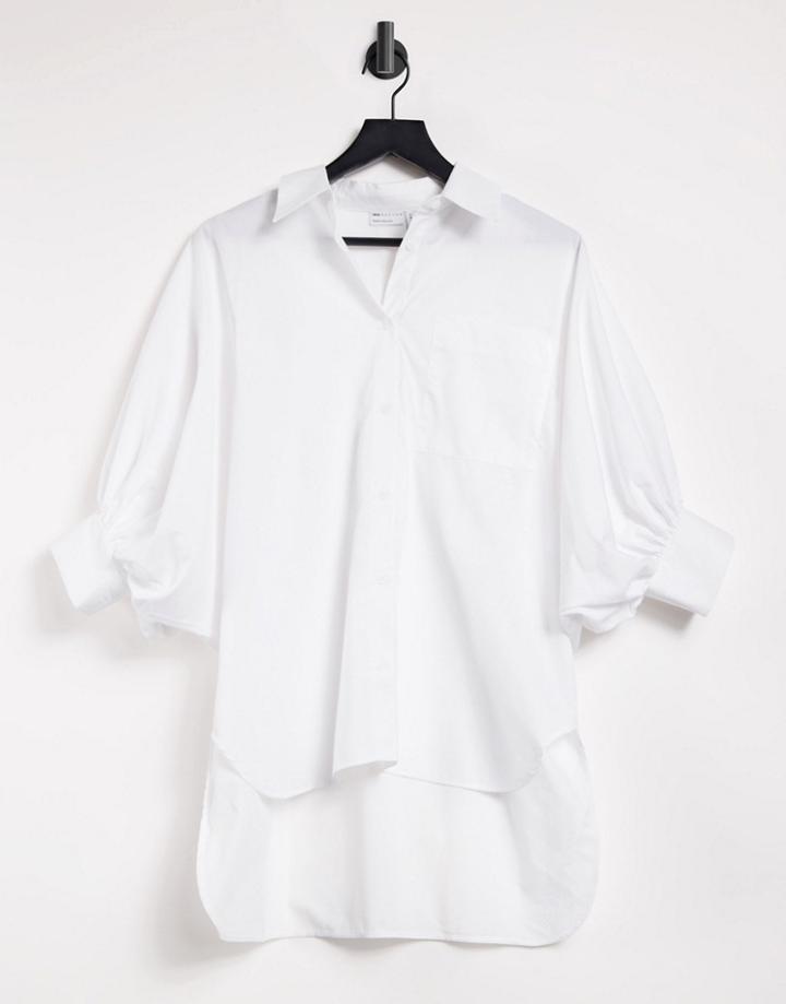 Asos Design Oversized Cotton Shirt With 3/4 Volume Sleeves In Ivory-white