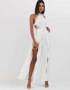 Love Triangle Halter Neck Open Back Jumpsuit With Thigh Split In White