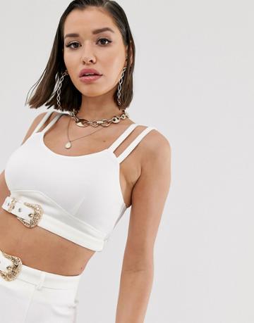 Katchme Double Strap Crop Top With Hardware Belt Detail In White - White