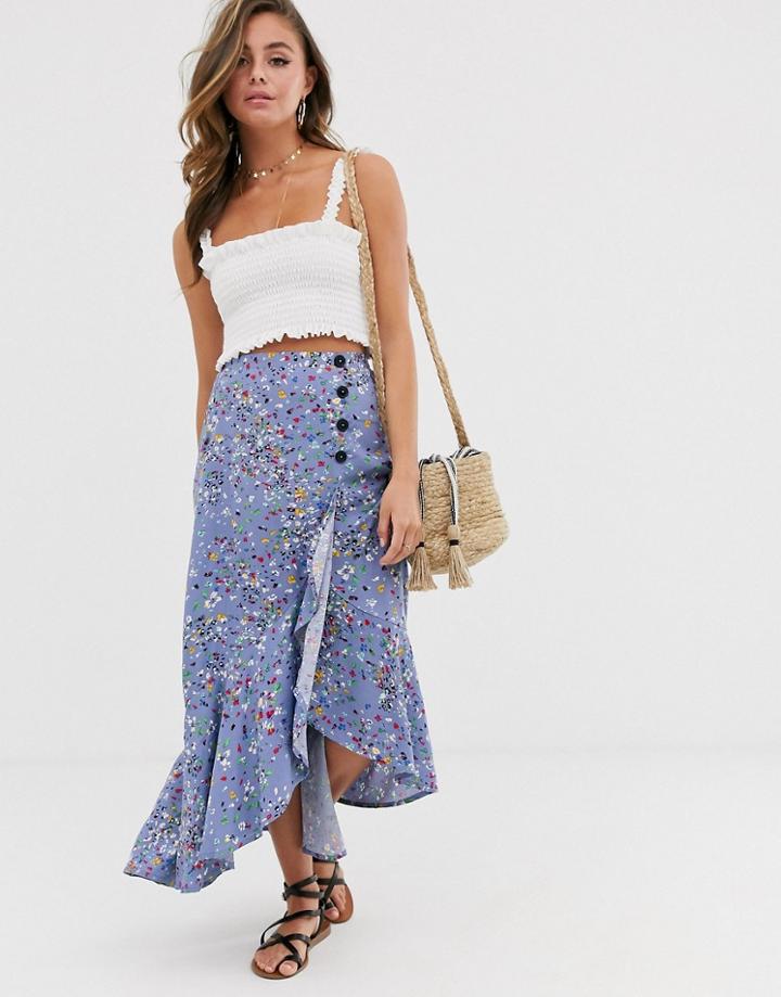 Asos Design Ruffle Wrap Maxi Skirt In Vintage Ditsy Floral Print - Multi