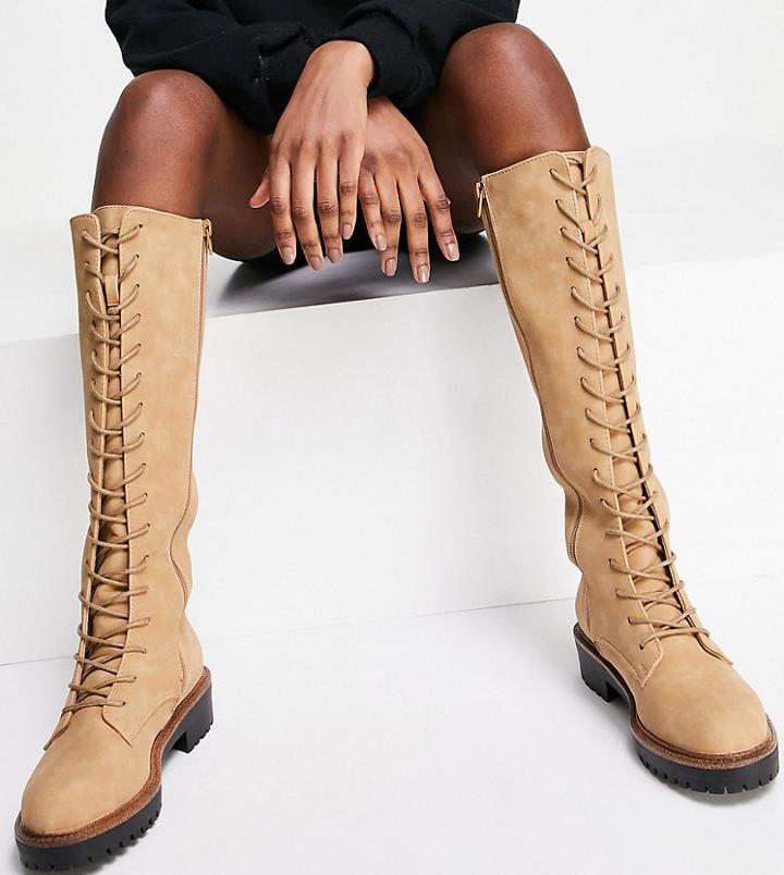 Asos Design Wide Fit Courtney Chunky Lace Up Knee High Boots In Sand-neutral