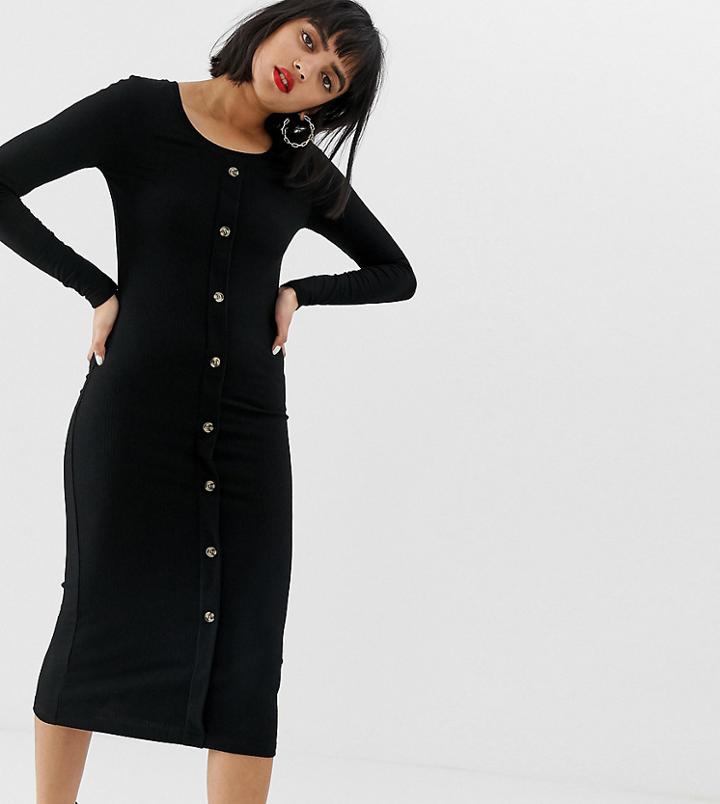 Vero Moda Petite Ribbed Button Front Midi Dress - Black