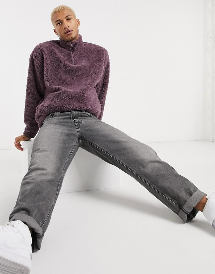 Asos Design Oversized Half Zip Sweatshirt In Dusty Purple Teddy With Badge