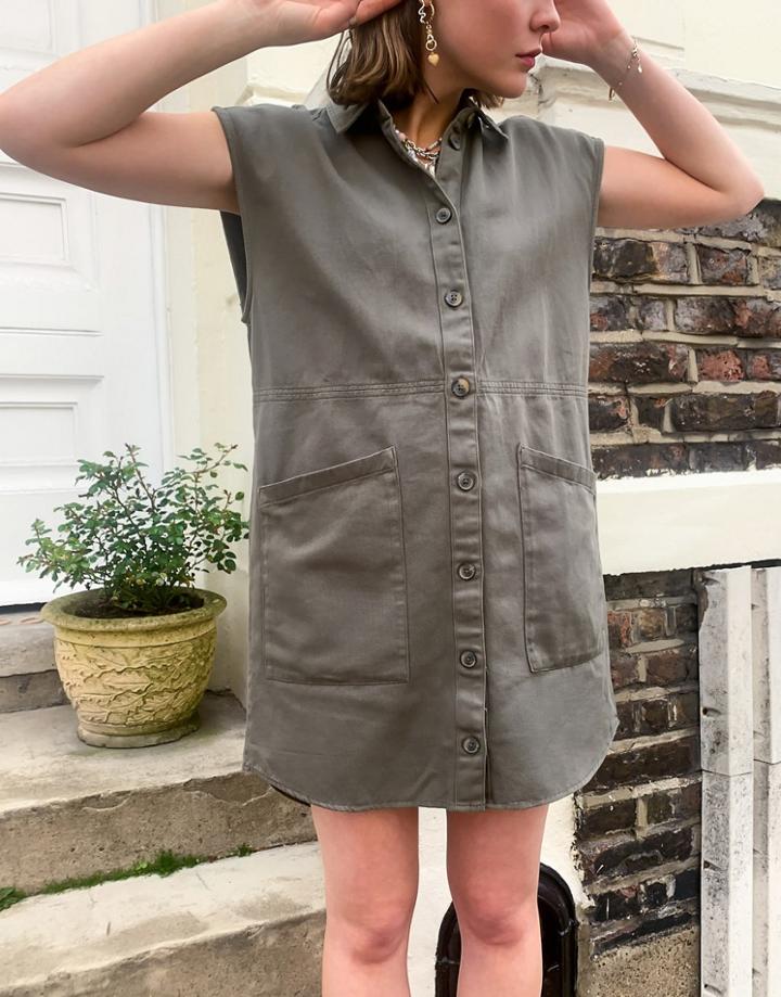 Noisy May Denim Shirt Dress With Pockets In Green