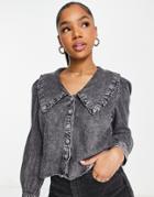 Only Thea Frill Collar Denim Smock Top In Gray
