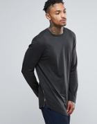 Asos Super Longline Long Sleeve T-shirt With Curved Hem And Zips - Gra