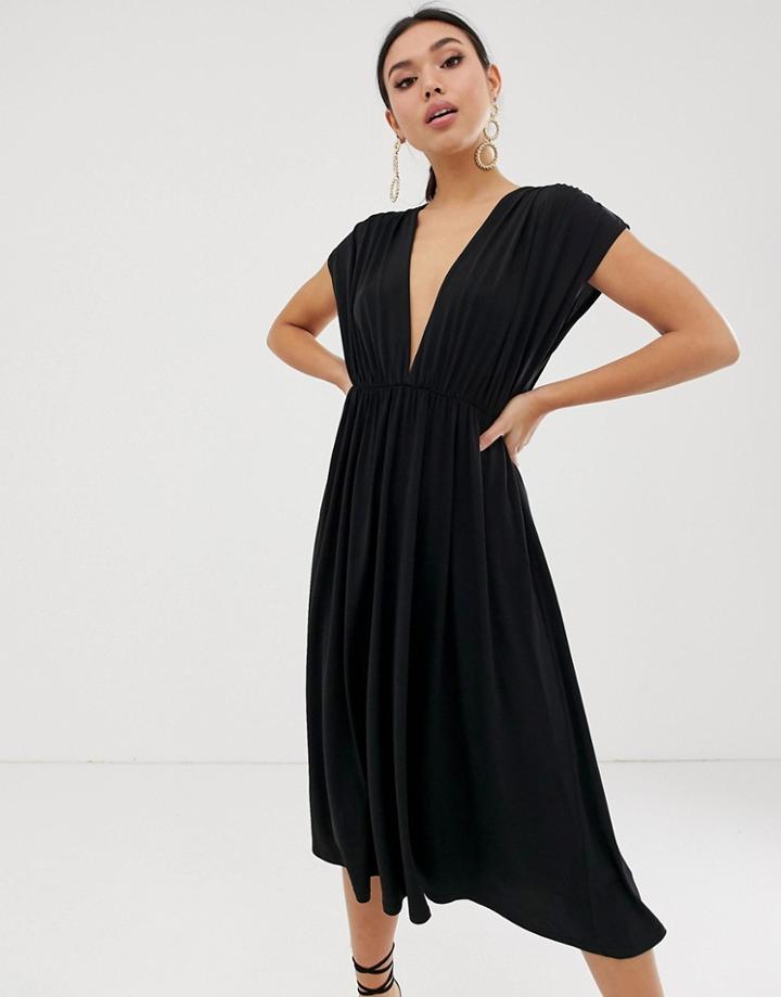Asos Design Plunge Midi Skater Dress - Black