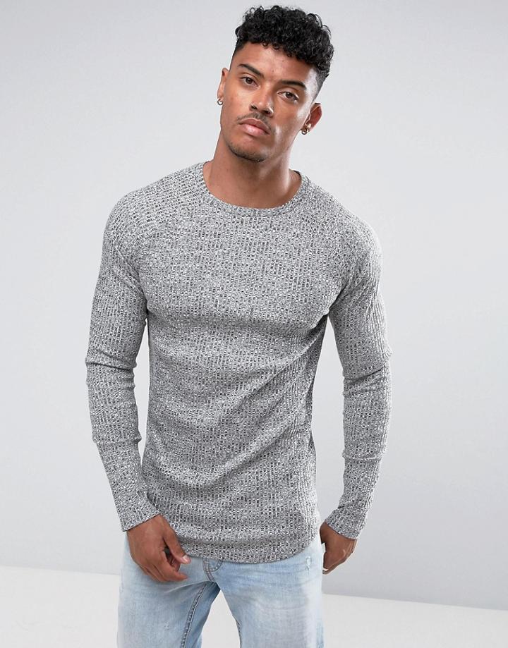 Asos Longline Muscle Long Sleeve T-shirt In Heavy Rib Interest - Gray
