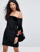 Club L Velvet Bardot Embroidery Sleeve Detail Dress - Black