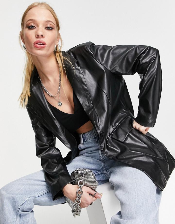 Missyempire Oversized Leather Look Blazer Jacket In Black