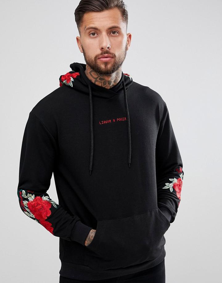 Liquor N Poker Rose Embroidered Hoodie - Black
