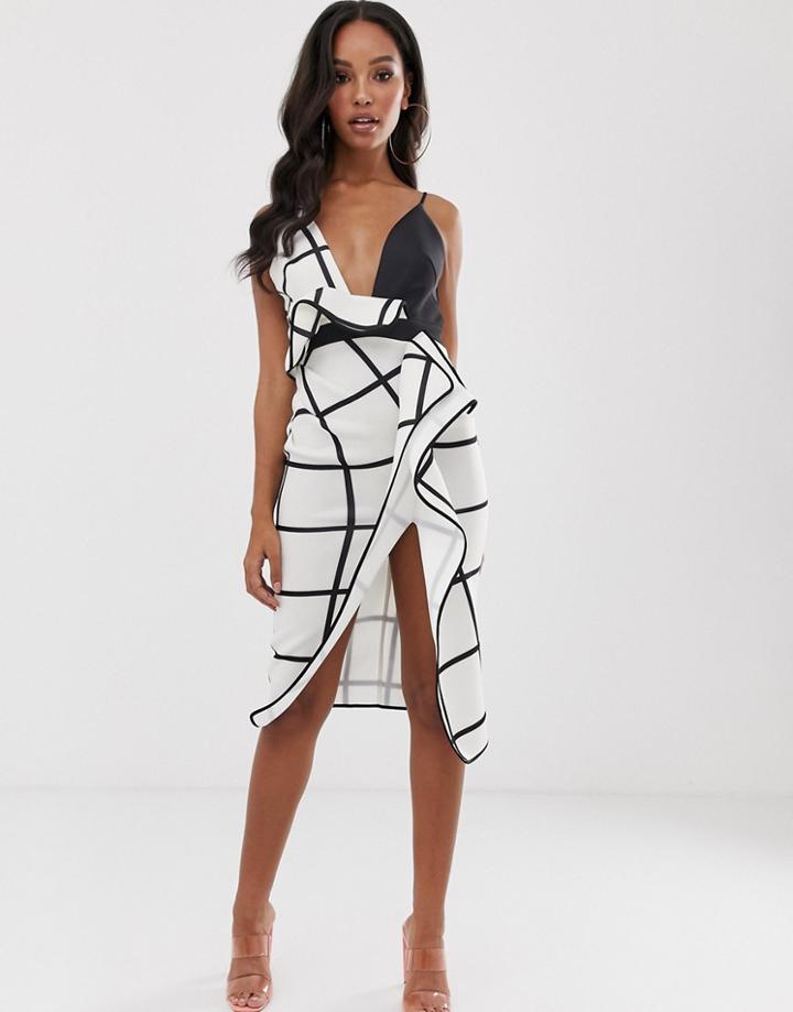 Asos Design Mono Grid Check Waterfall Pencil Dress-multi