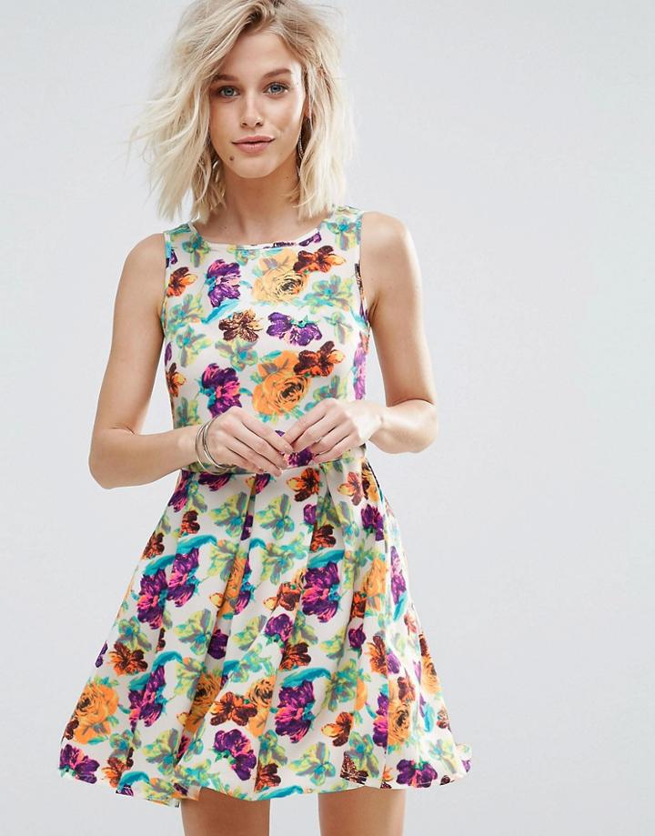 Madam Rage Rose Print Sleeveless Skater Dress - White