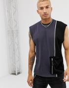 Asos Design Oversized Sleeveless T-shirt With Utlity Pocket And Piping In Washed Black-gray