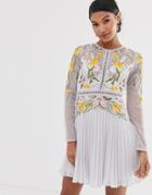 Asos Design Mini Dress With Pleat Skirt And Lace Inserts In Floral Embroidery - Blue