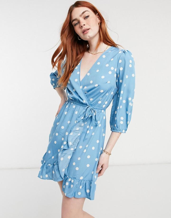 New Look Spot Wrap Tiered Mini Dress In Blue Pattern-blues